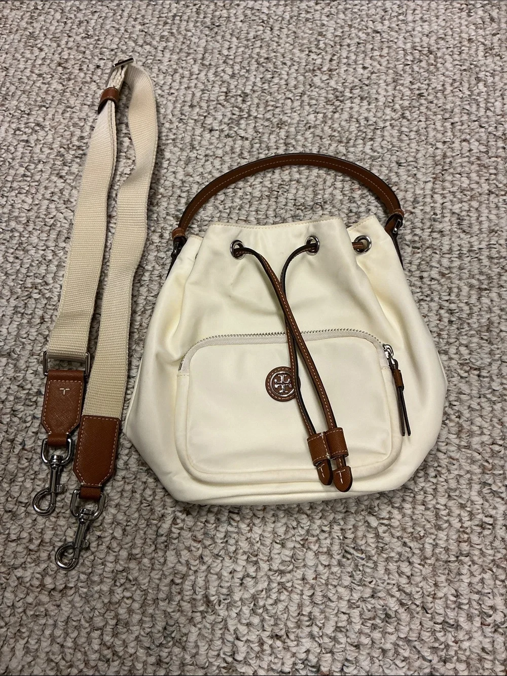 Tory Burch Cream Drawstring Bucket Bag with Brown Trim